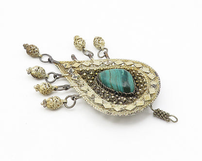 925 Sterling Silver  Vintage Malachite Floral Filigree Brooch Pin  BP4256
