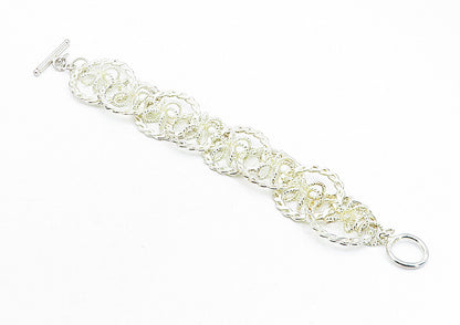 925 Sterling Silver  Polished Open Circle Floral Twist Chain Bracelet  BT1619