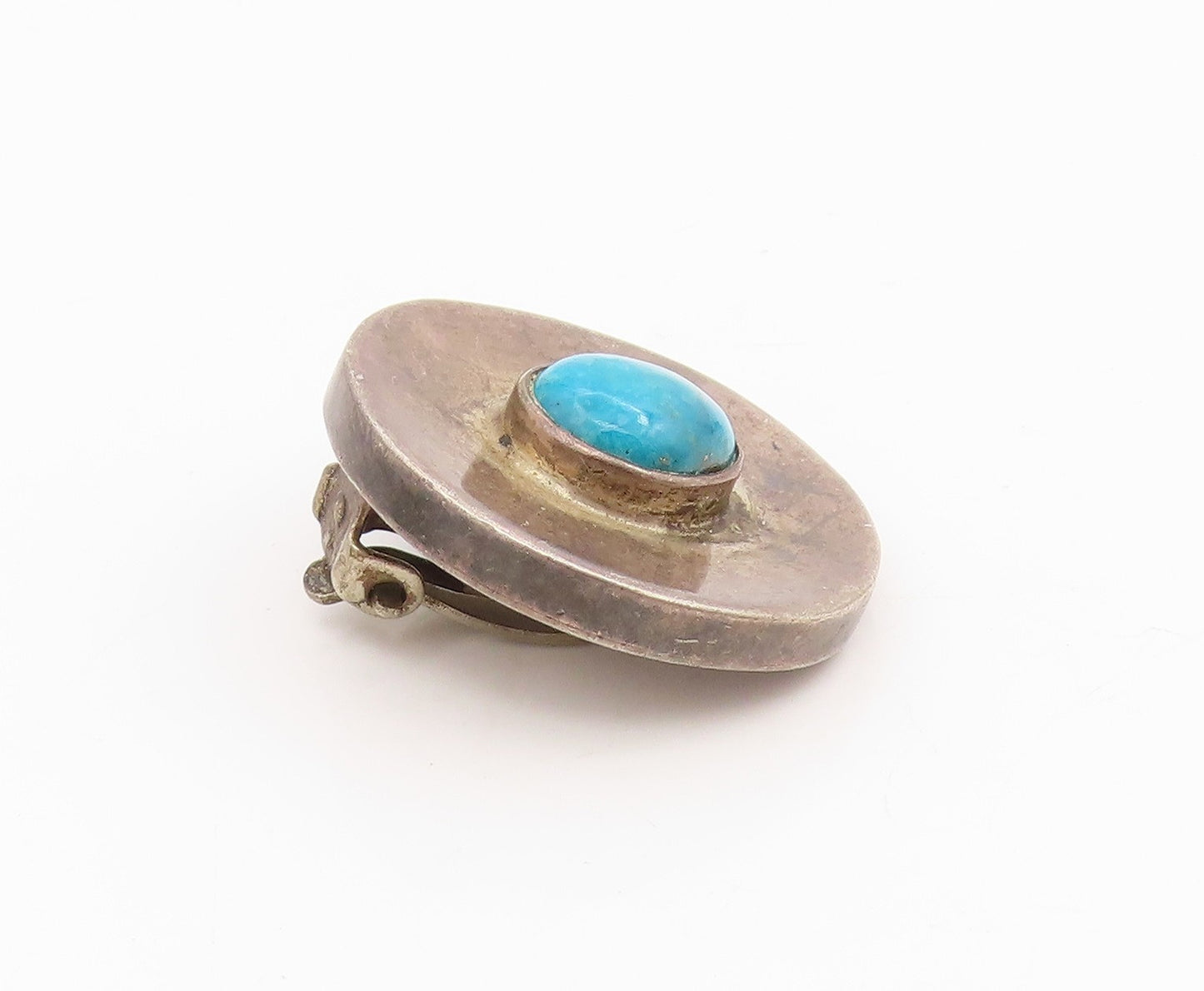 925 Sterling Silver Vintage Earrings MEXICO Turquoise Circular Clip On  EG13955