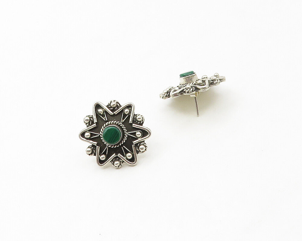 MEXICO 925 Sterling Silver  Vintage Malachite Floral Drop Earrings  EG8894