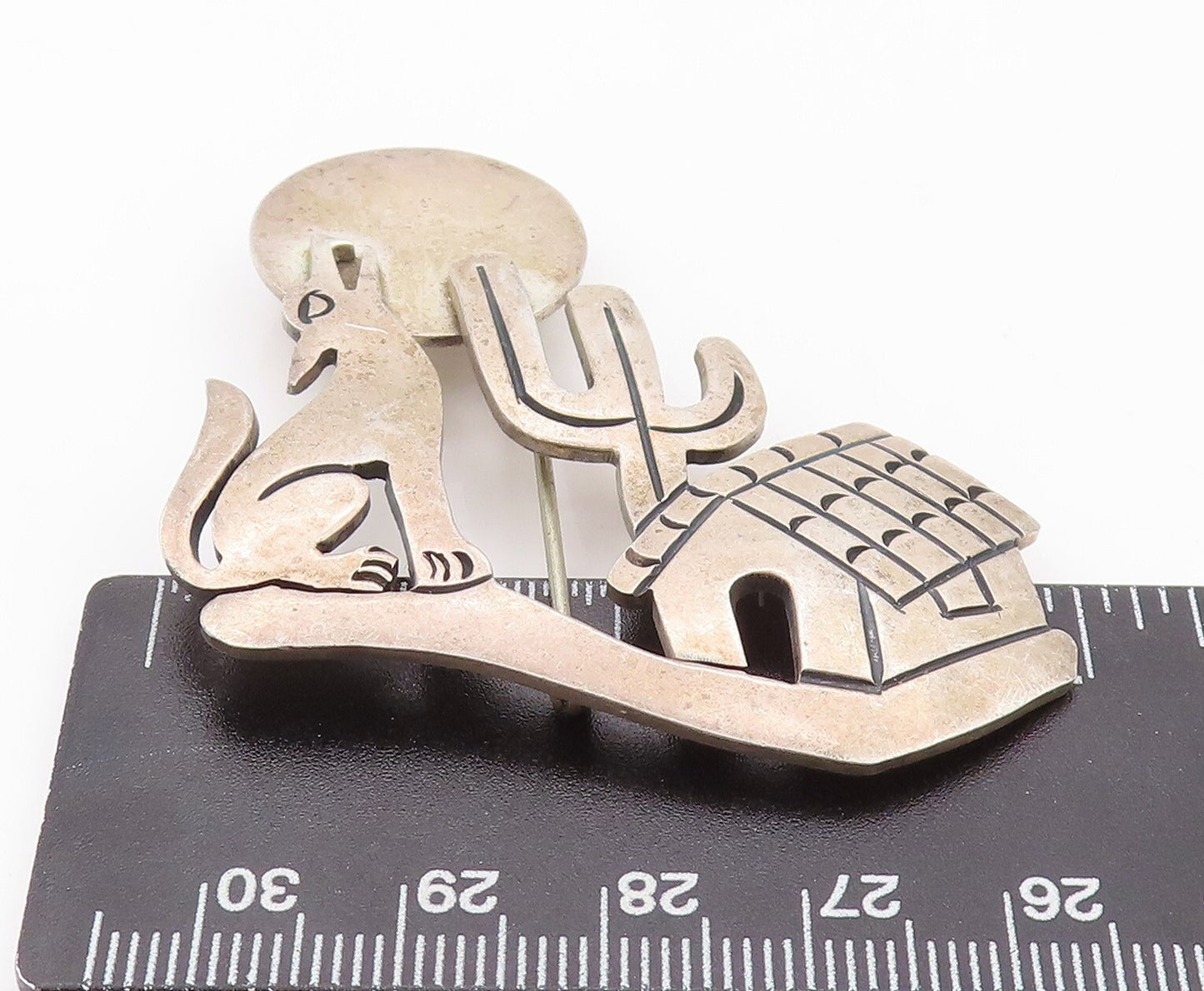 925 Sterling Silver Vintage Brooch Pin MEXICO Howling Wolf On Full Moon  BP11170