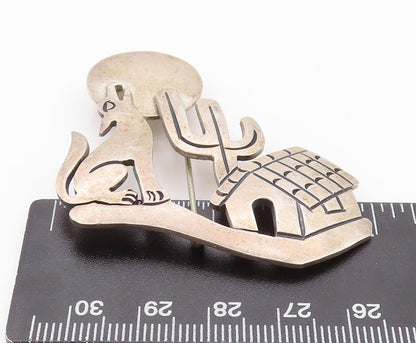 925 Sterling Silver Vintage Brooch Pin MEXICO Howling Wolf On Full Moon  BP11170