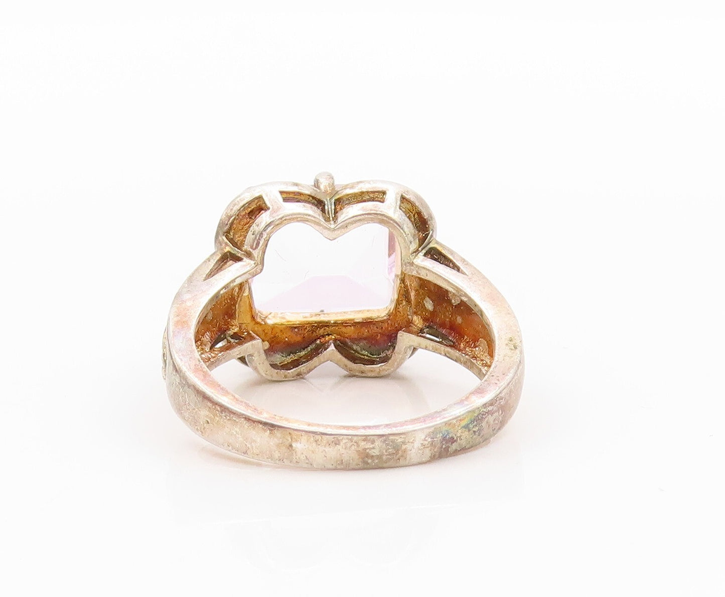 925 Sterling Silver Vintage Ring Carved Rectangle Cut Pink CZ  Sz 7  RG31835