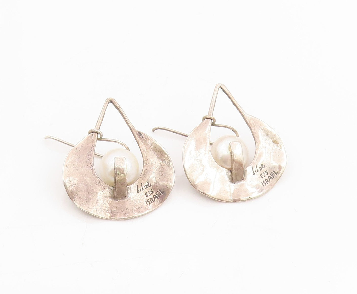 925 Sterling Silver Vintage Earrings SHABLOOL ISRAEL Round Pearl Dangle  EG13792
