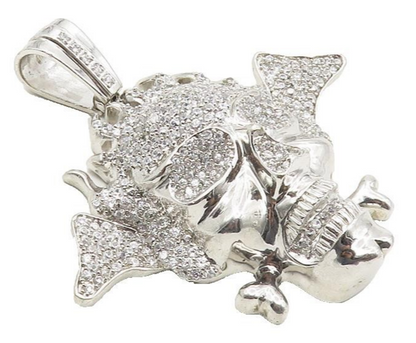 925 Sterling Silver  Sparkling Cubic Zirconia Skull & Bones Pendant  PT7916
