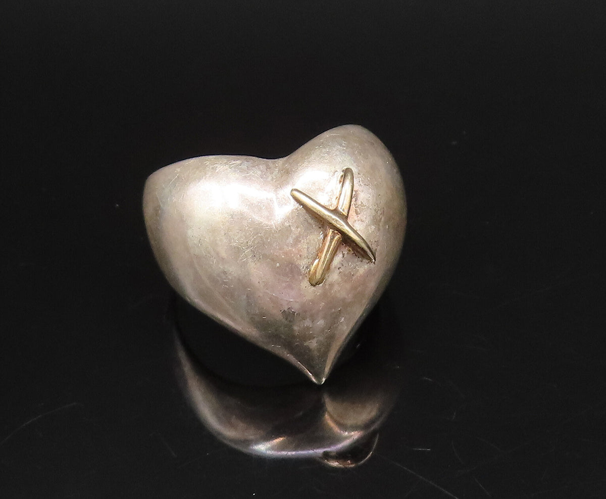 14K GOLD & 925 Silver  Vintage Minimal Love Heart With X Ring Sz 5.75  RG26072