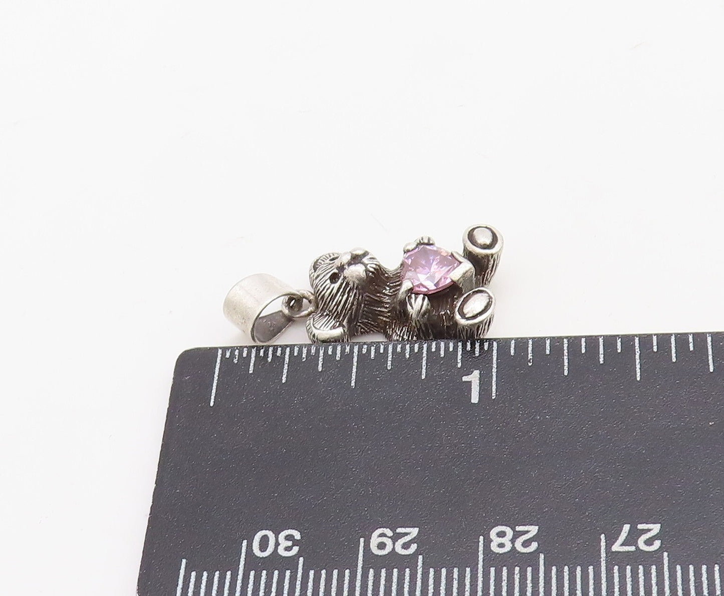 925 Sterling Silver Vintage Pendant Dark Tone Teddy With Pink CZ Heart  PT23698