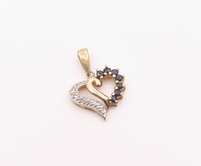 925 Sterling Silver  Vintage Genuine Diamond & Sapphire Heart Pendant  PT18070