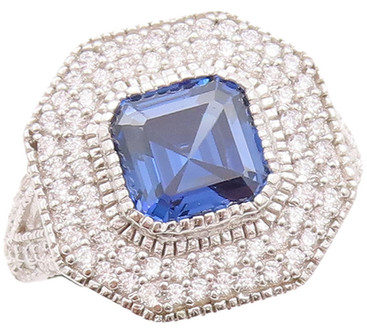 925 Sterling Silver Vintage Ring Designer Square Sapphire CZ Inlay Sz 7 RG29795