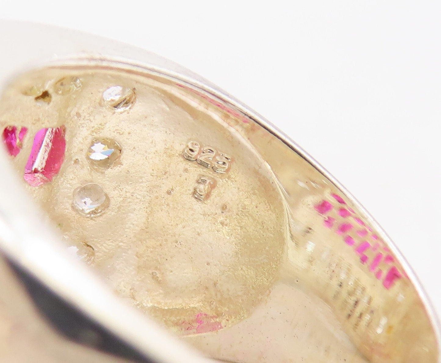 925 Sterling Silver Vintage Ring Designer Pink & White CZ Inlay  Sz 7  RG31113