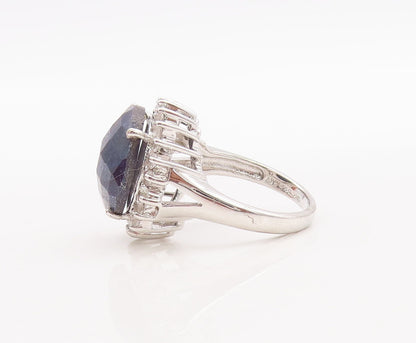 925 Sterling Silver Vintage Ring Large Round Sapphire Halo Topaz  Sz 7  RG29503