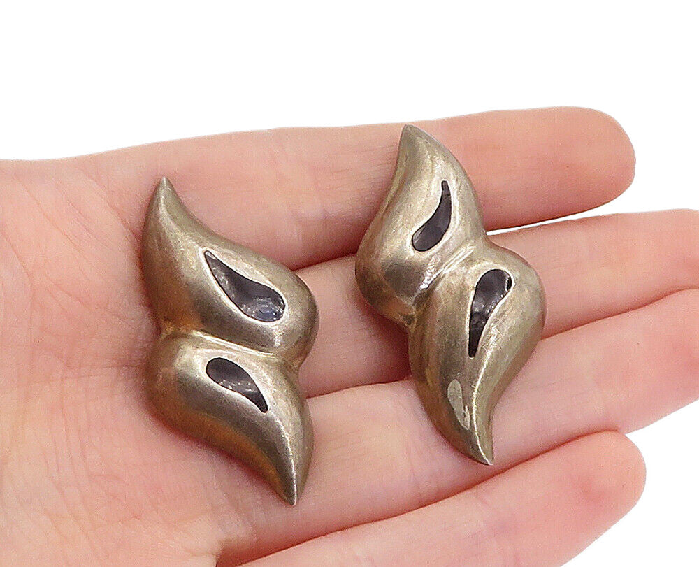 MEXICO 925 Sterling Silver  Vintage Inlaid Black Onyx Drop Earrings  EG2685