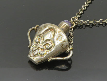 925 Silver  Vintage Antique Fleur De Lis Amethyst Tea Cup Necklace  NE3835