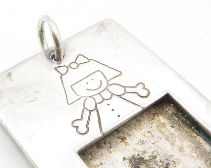 MEXICO 925 Silver  Vintage Etched Little Girl Square Drop Pendant  PT7256
