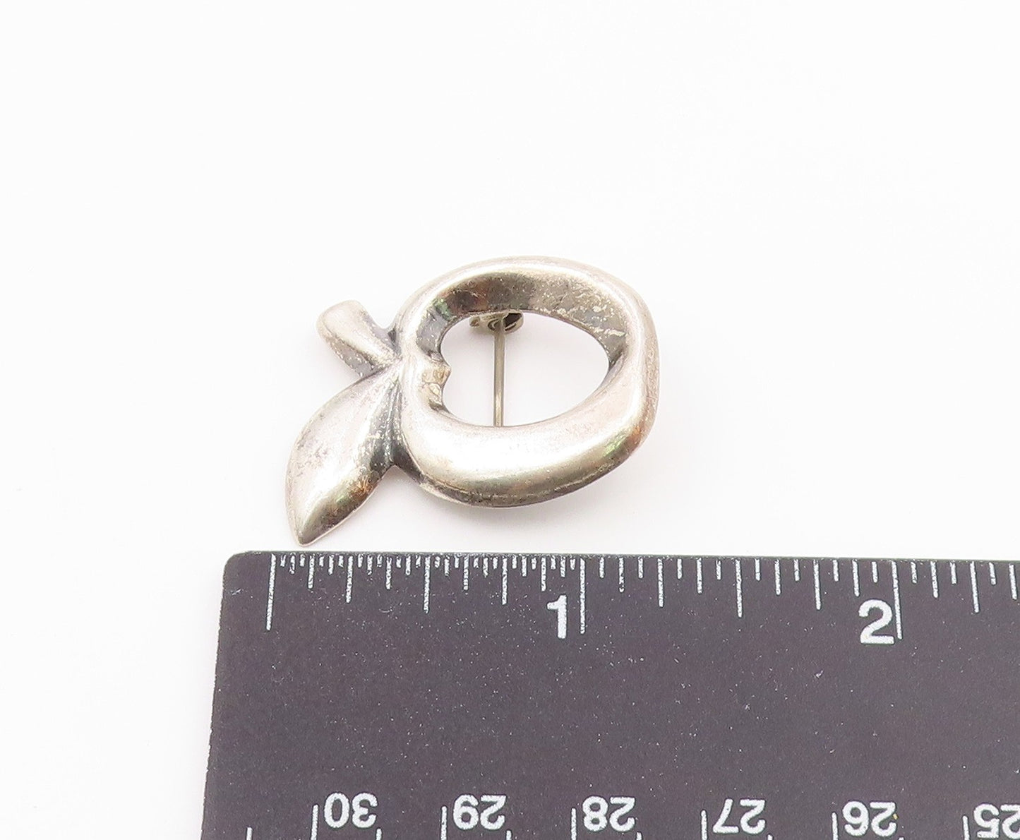 925 Sterling Silver  Vintage Sculpted Bitten Apple Brooch Pin  BP9689