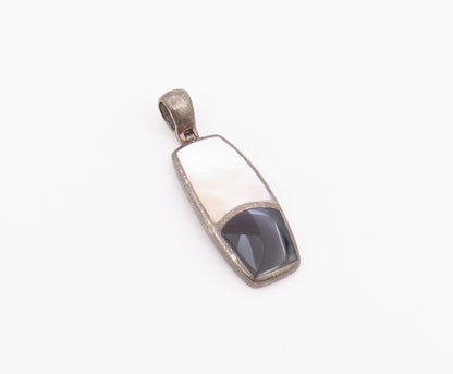 925 Sterling Silver Vintage Pendant Classic Mother Of Pearl & Onyx Drop  PT26406