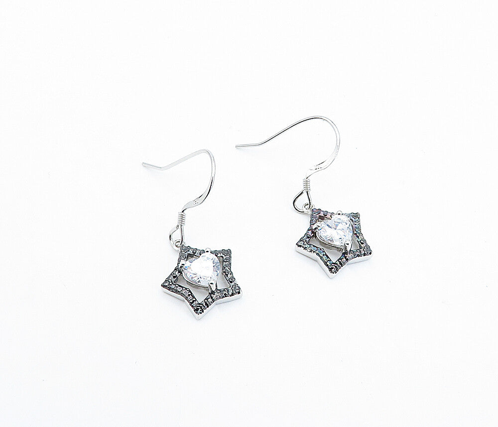 925 Sterling Silver  Shiny Round Sapphire Two Tone Star Drop Earrings  EG2105