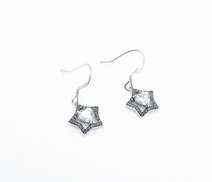 925 Sterling Silver  Shiny Round Sapphire Two Tone Star Drop Earrings  EG2105