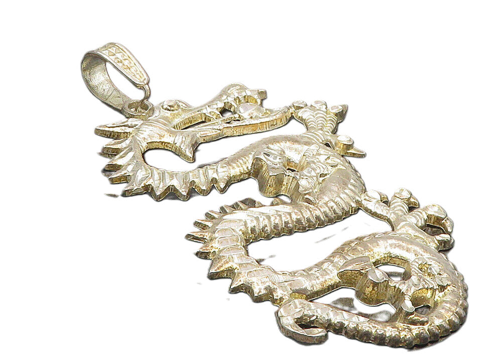 925 Sterling Silver  Vintage Shiny Diamond Cut Dragon Motif Pendant  PT7679