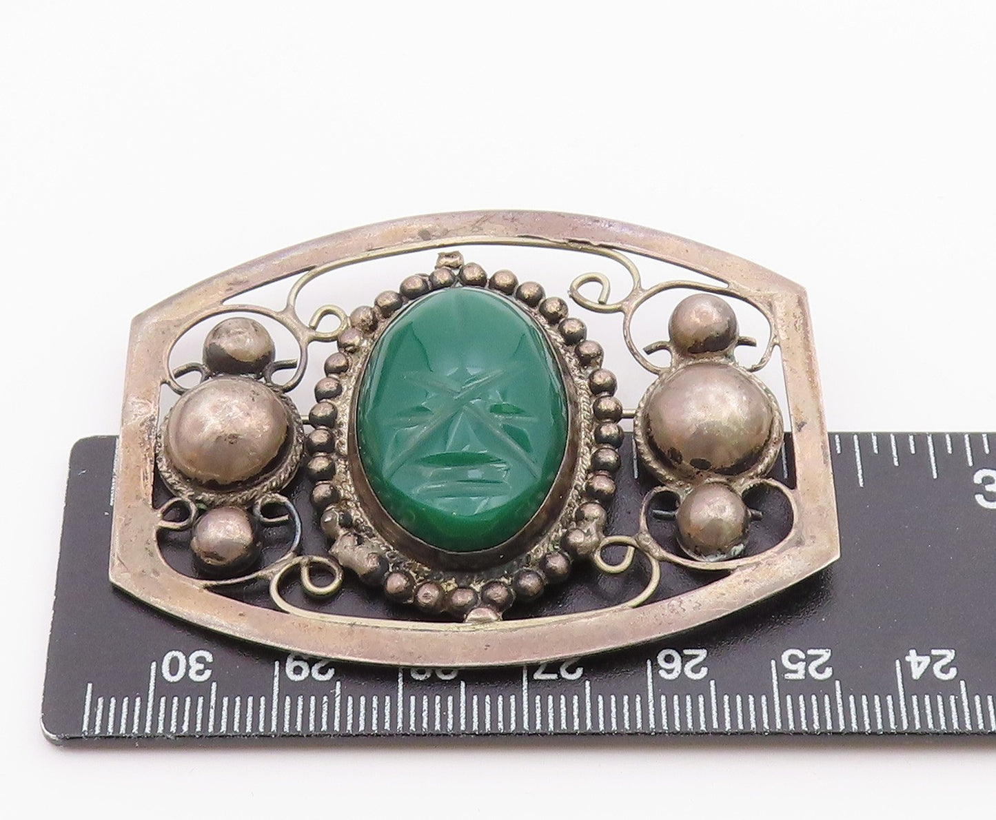 MEXICO 925 Silver  Vintage Antique Face Carved Jade Swirl Brooch Pin  BP4318