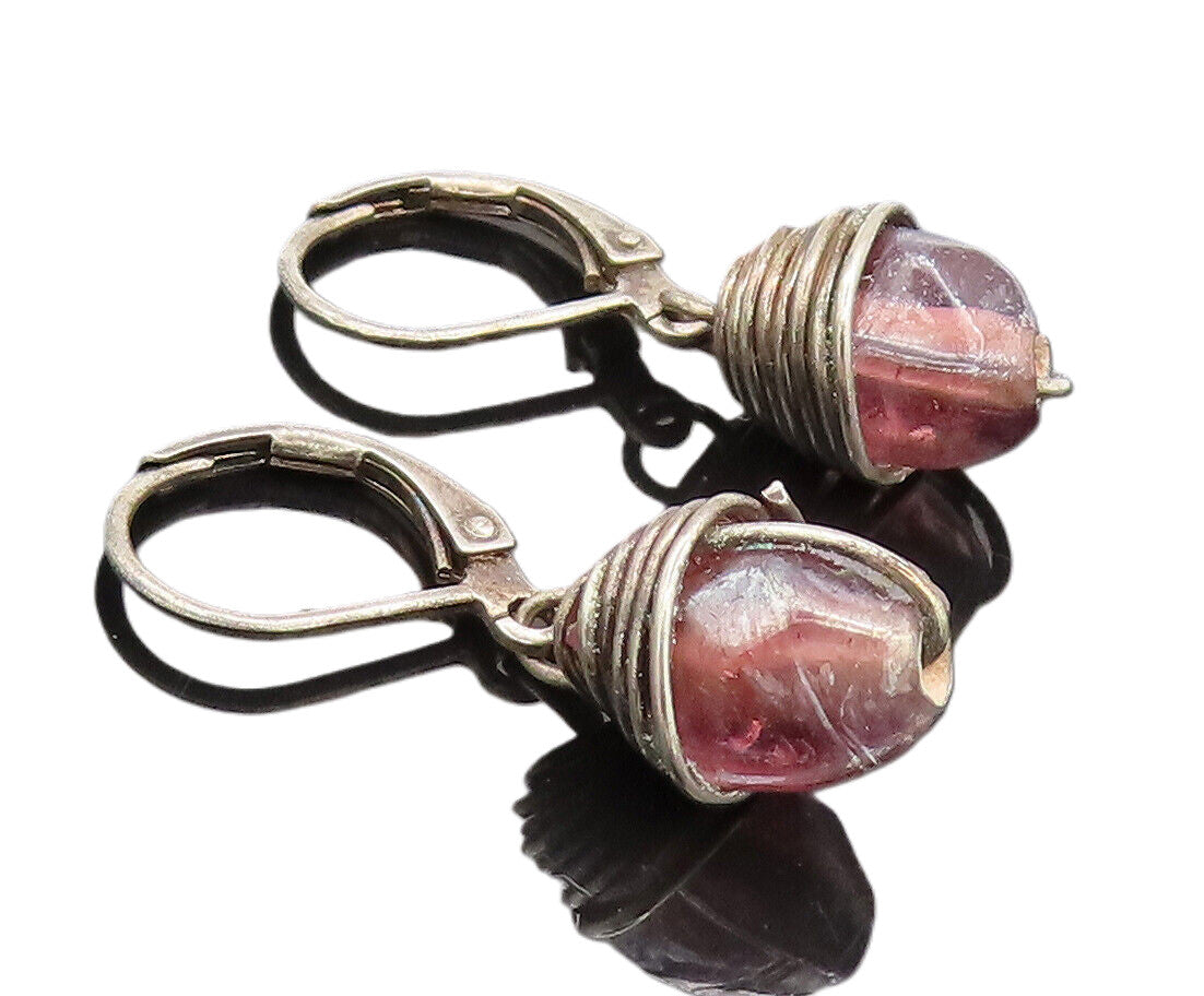 925 Sterling Silver  Vintage Dangling Coiled Cap Brown Beaded Earrings EG12522