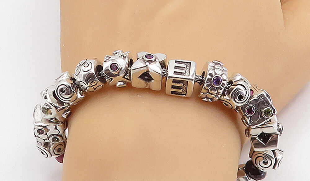 925 Sterling Silver & 18K GOLD Vintage Multi Gemstone Chain Bracelet BT3014