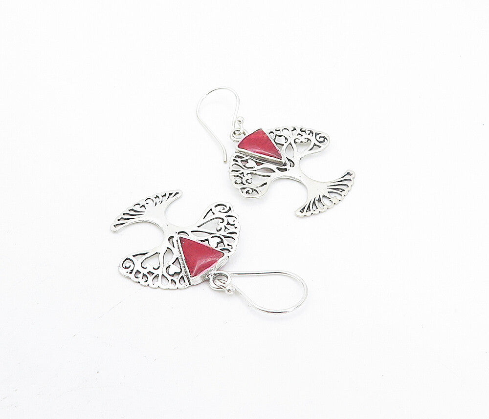 925 Sterling Silver  Red Sponge Coral Tree Of Life Dangle Earrings  EG3392