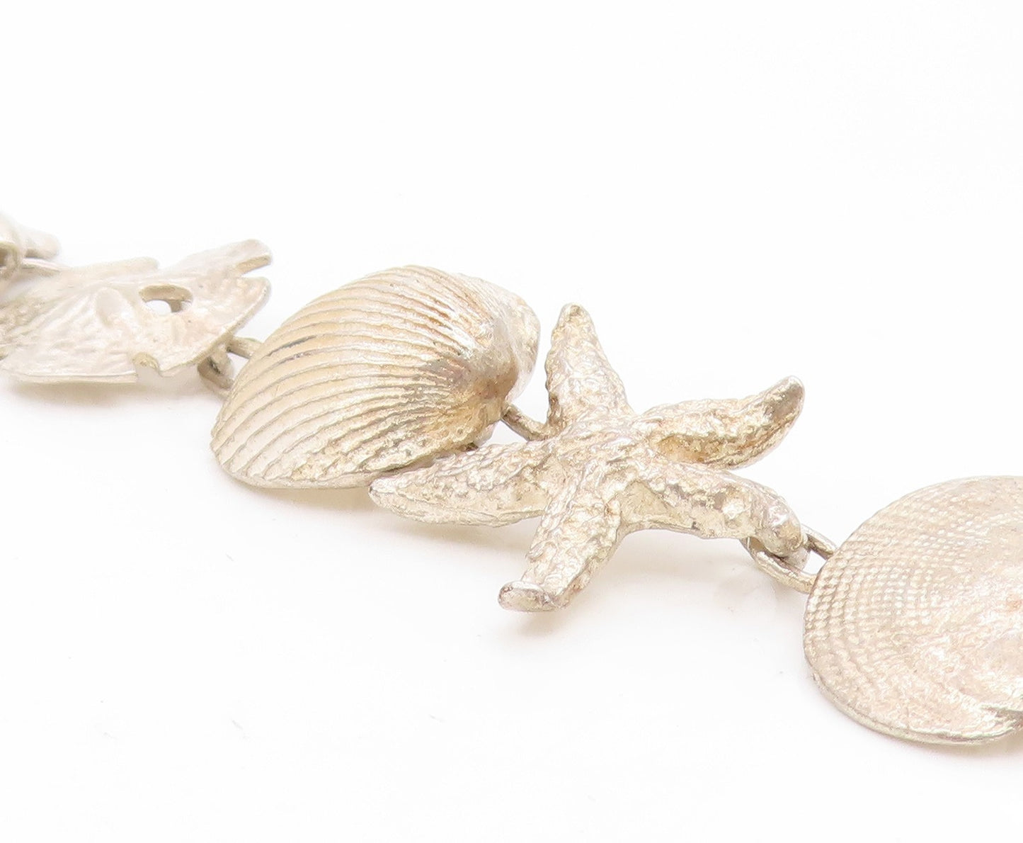 925 Sterling Silver Vintage Bracelet Nautical Seashell & Starfish Link  BT11714