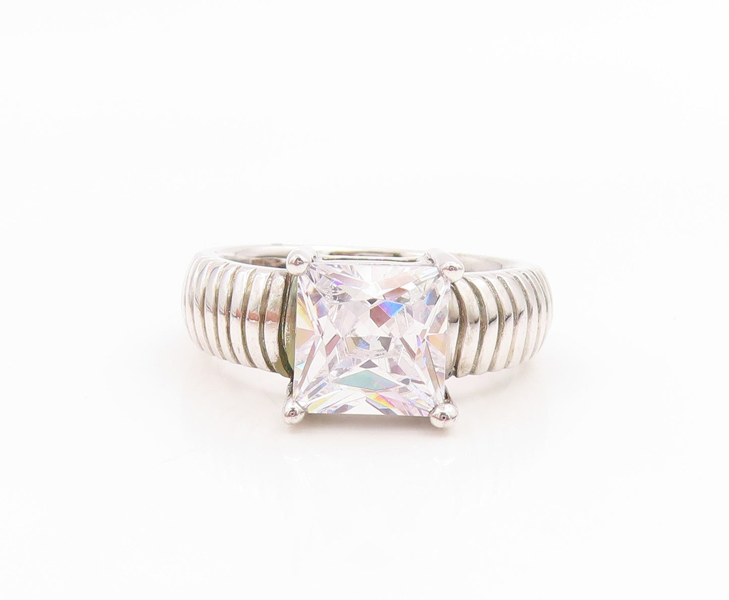 925 Sterling Silver Vintage Ring Square Cut CZ Ribbed Band  Sz 7.5  RG35630