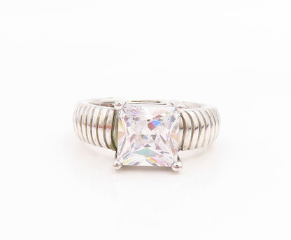 925 Sterling Silver Vintage Ring Square Cut CZ Ribbed Band  Sz 7.5  RG35630