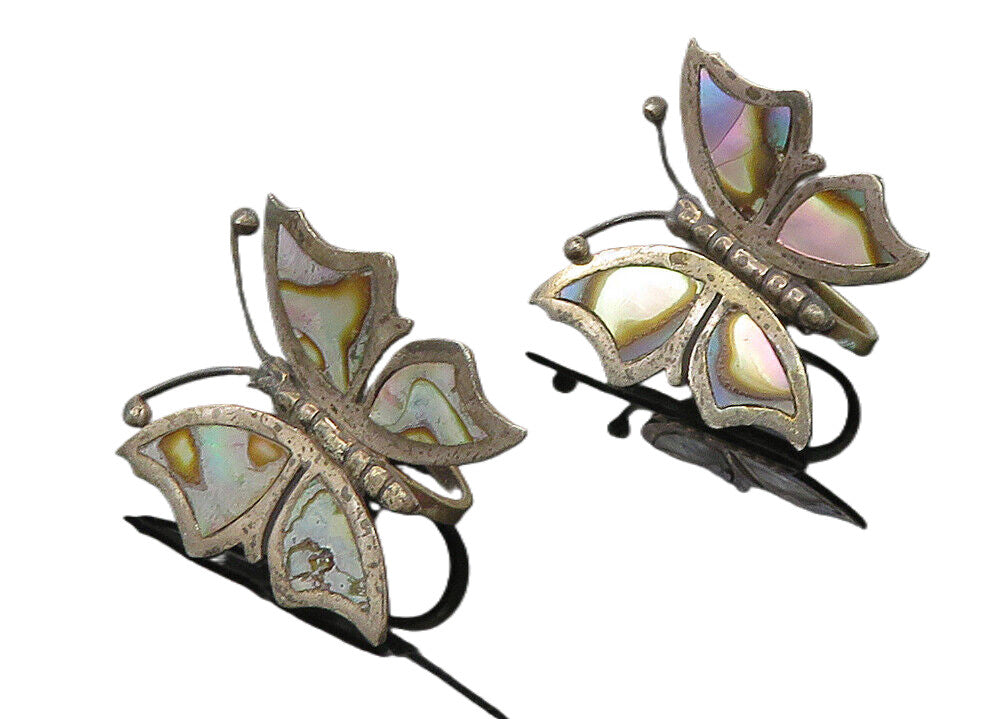 ECM MEXICO 925 Silver  Vintage Abalone Butterfly Non Pierce Earrings  EG5859