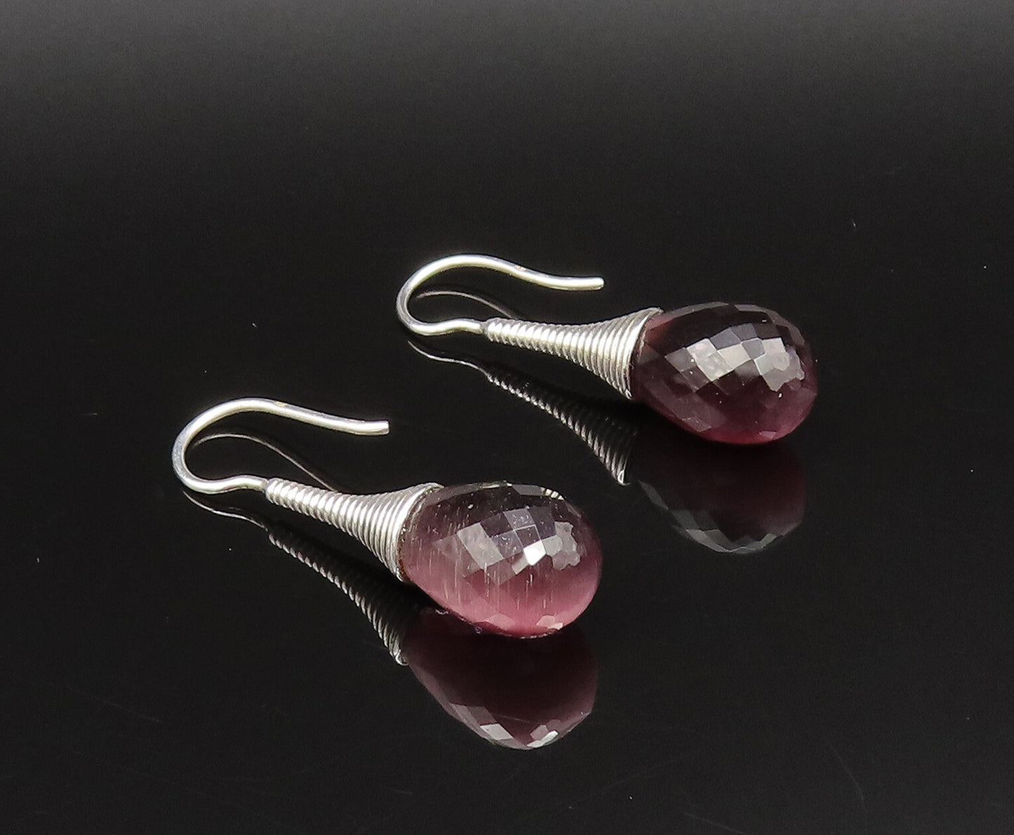 EUROPEAN 925 Silver  Vintage Fancy Purple Cat's Eye Dangle Earrings  EG12027