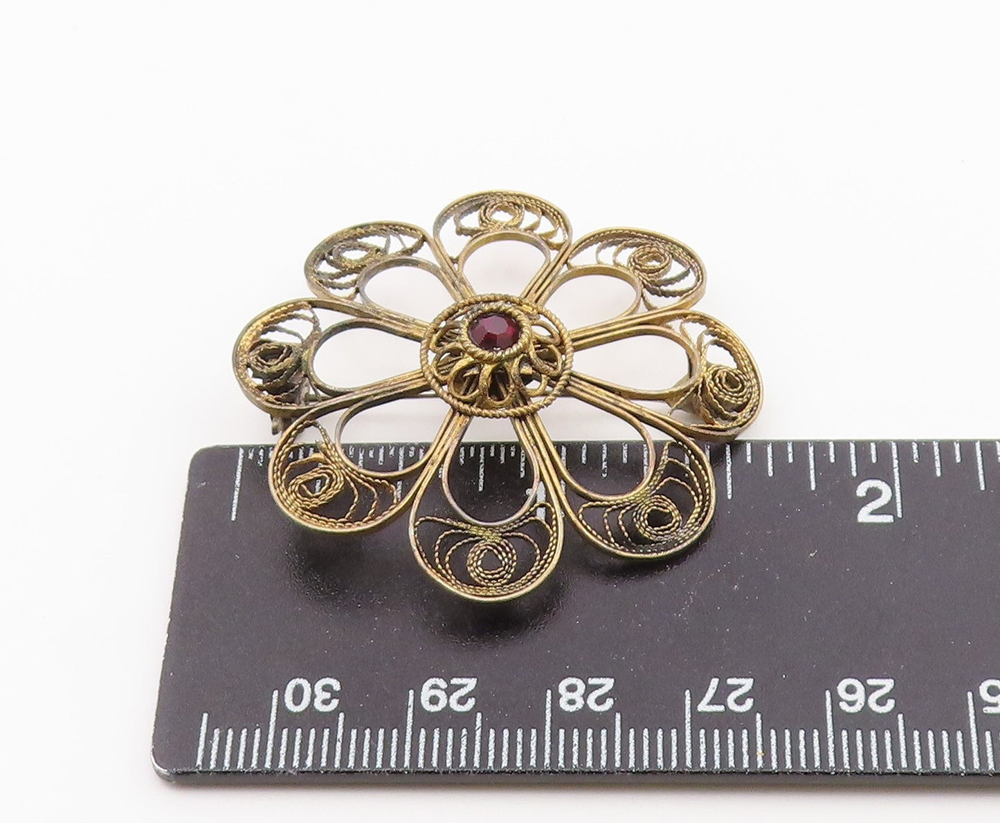 ISRAEL 925 Sterling Silver  Vintage Topaz Filigree Flower Brooch Pin  BP3606
