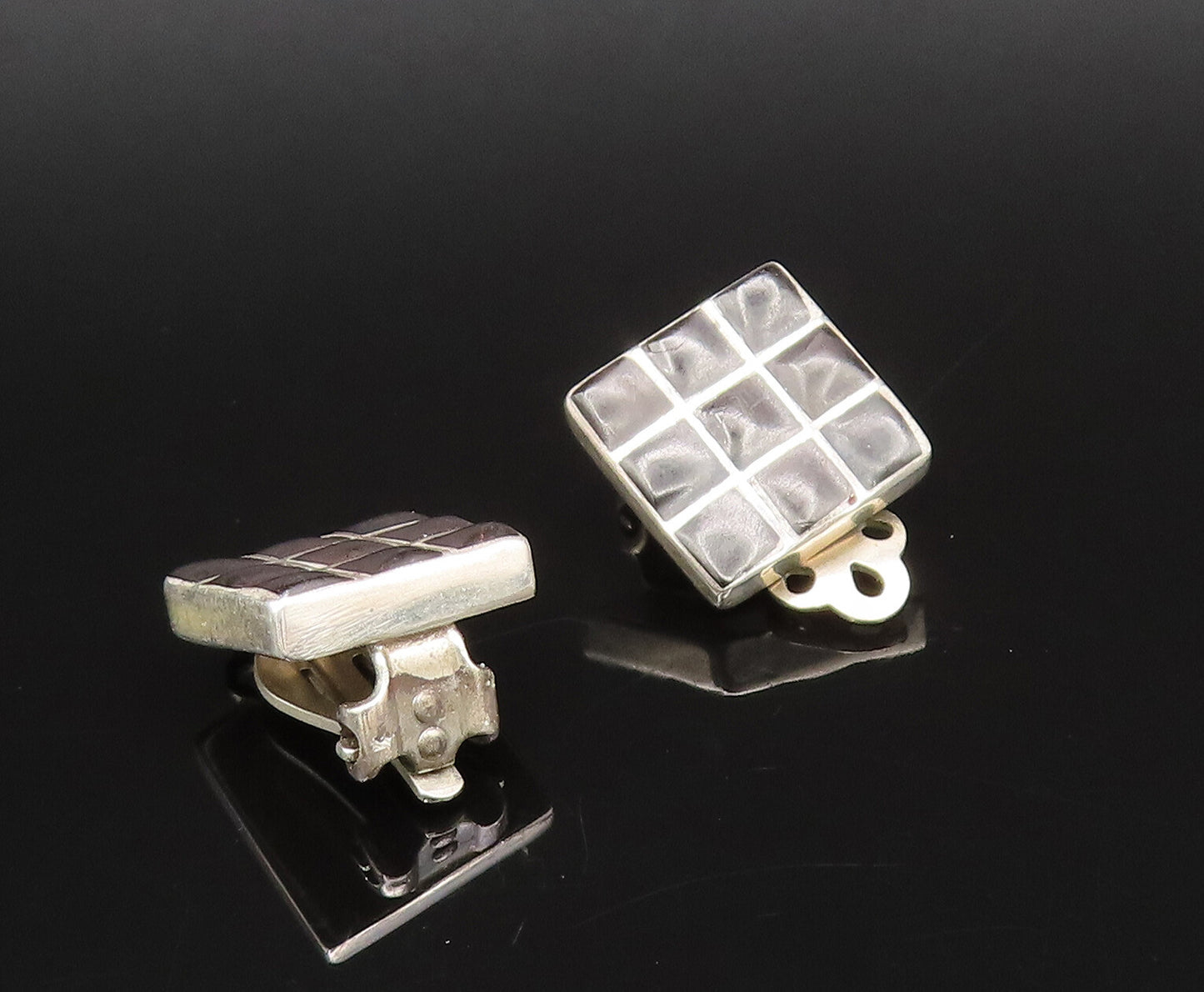 925 Sterling Silver  Vintage Black Enamel Checkered Clip Back Earrings EG12254