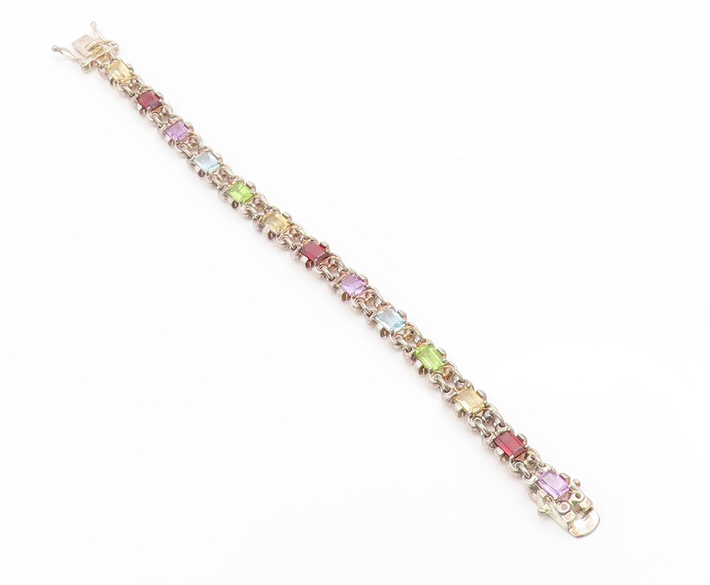 925 Sterling Silver Vintage Bracelet Elegant Multi Gemstone Link Chain  BT11691