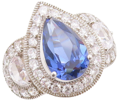 925 Sterling Silver Vintage Ring Drop Cut Sapphire Halo CZ Inlay  Sz 7  RG30657