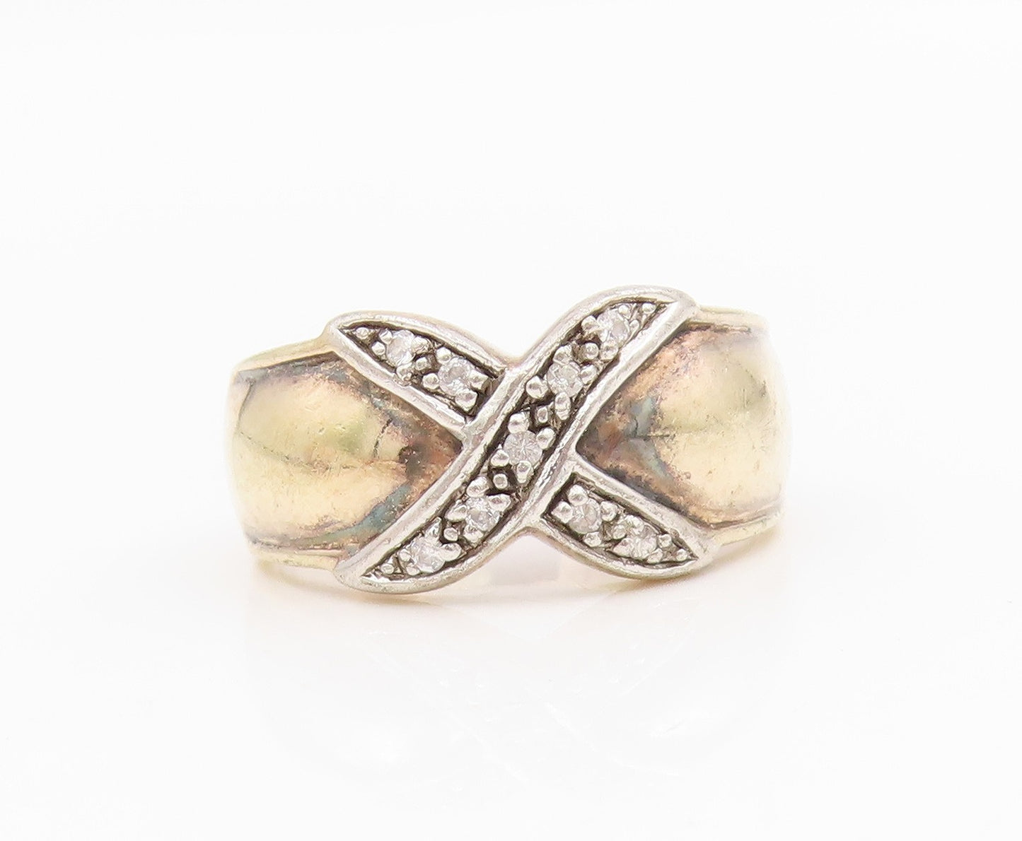925 Sterling Silver Vintage Ring Two Tone Real Diamonds Crisscross Sz 7 RG34326