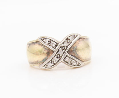 925 Sterling Silver Vintage Ring Two Tone Real Diamonds Crisscross Sz 7 RG34326