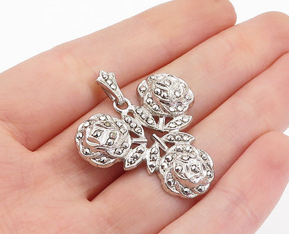 925 Sterling Silver  Vintage Sparkling Floral Design Drop Pendant  PT3129