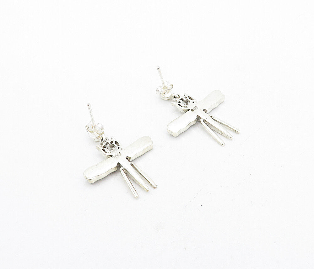 925 Sterling Silver  Vintage Inlaid Jasper Dragonfly Drop Earrings  EG3370