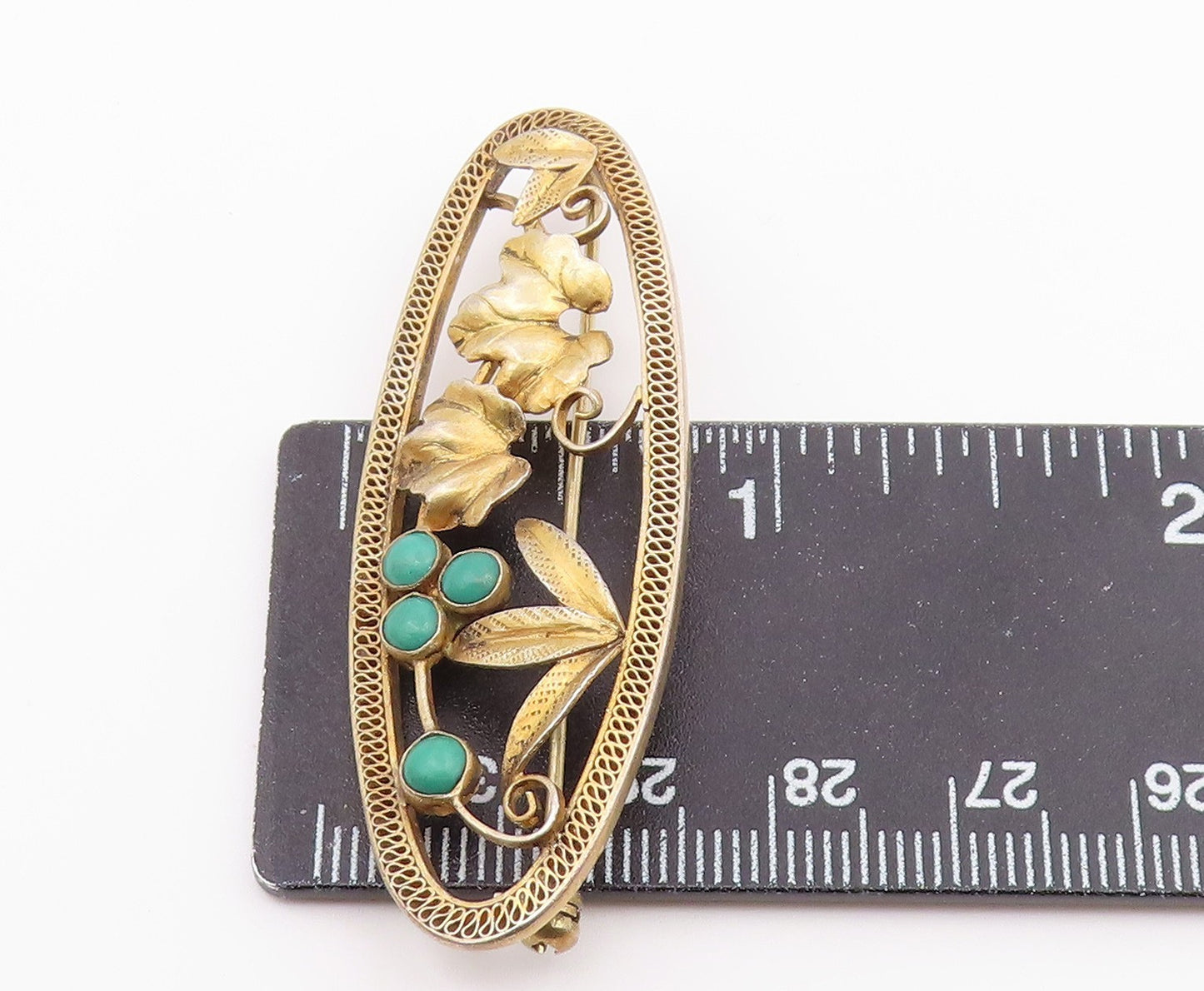 925 Sterling Silver  Vintage Petite Turquoise Floral Leaf Brooch Pin  BP8677