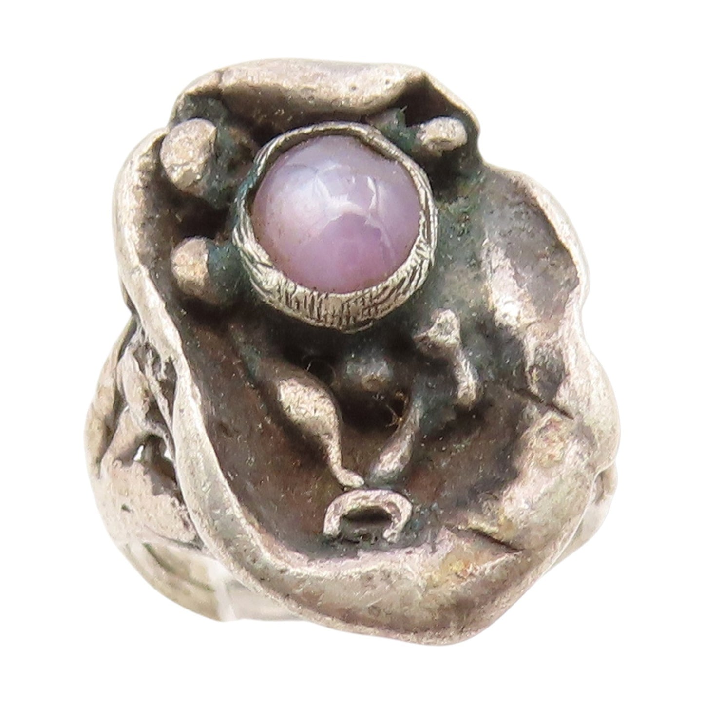 925 Sterling Silver Vintage Ring Cabochon Amethyst Brutalist Band  Sz 4  RG34619