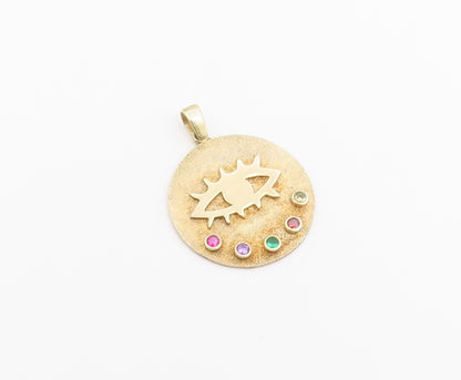 925 Sterling Silver Vintage Pendant Gold Plated CZ Evil Eye Medallion  PT26499