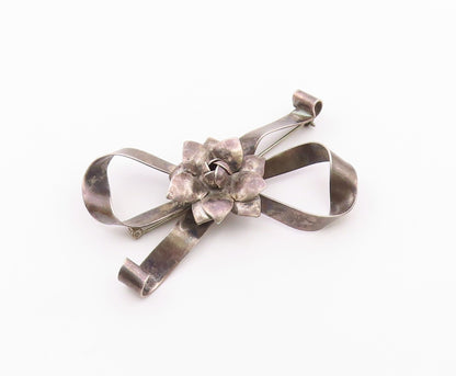 RAFFAELE 925 Silver  Vintage Dark Tone Floral Ribbon Bow Brooch Pin  BP4342