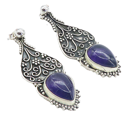 925 Sterling Silver  Vintage Amethyst Oxidized Swirl Drop Earrings  EG3069