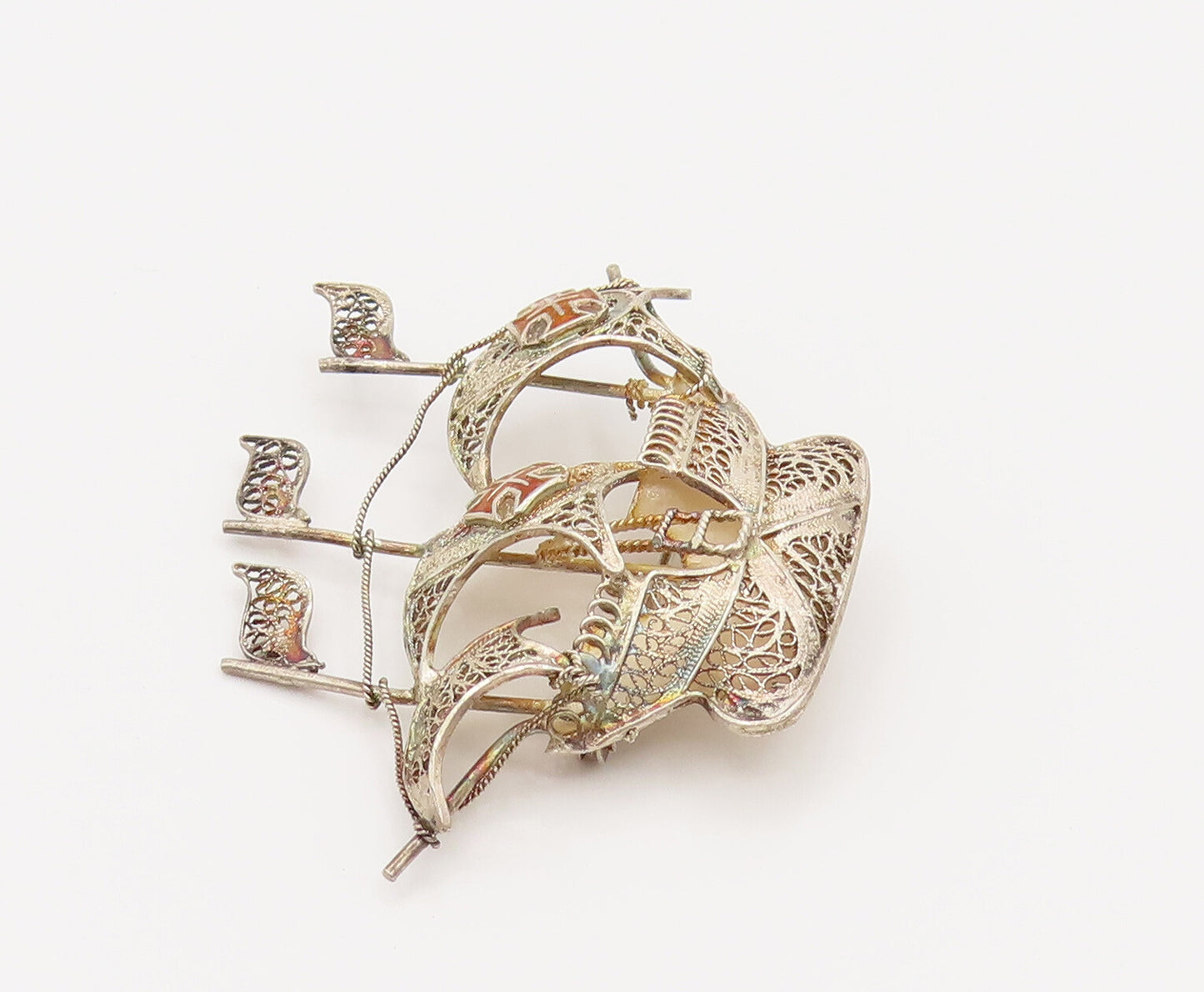 925 Silver  Vintage Enamel Cross Filigree Sailboat Ship Brooch Pin  BP10155