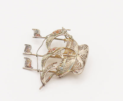 925 Silver  Vintage Enamel Cross Filigree Sailboat Ship Brooch Pin  BP10155
