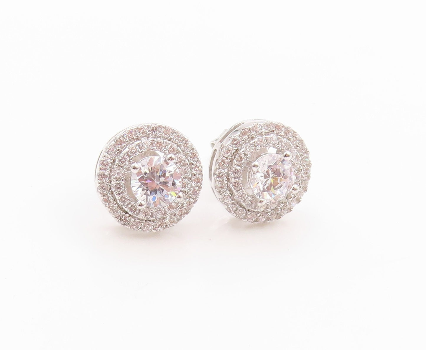 925 Sterling Silver Vintage Earrings Round CZ Halo CZ Band Design Studs  EG13595