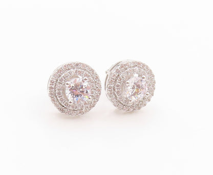 925 Sterling Silver Vintage Earrings Round CZ Halo CZ Band Design Studs  EG13595