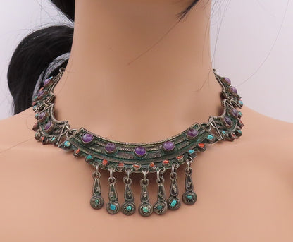 925 Sterling Silver Vintage Necklace MEXICO Real Gemstones Large Royal  NE4350